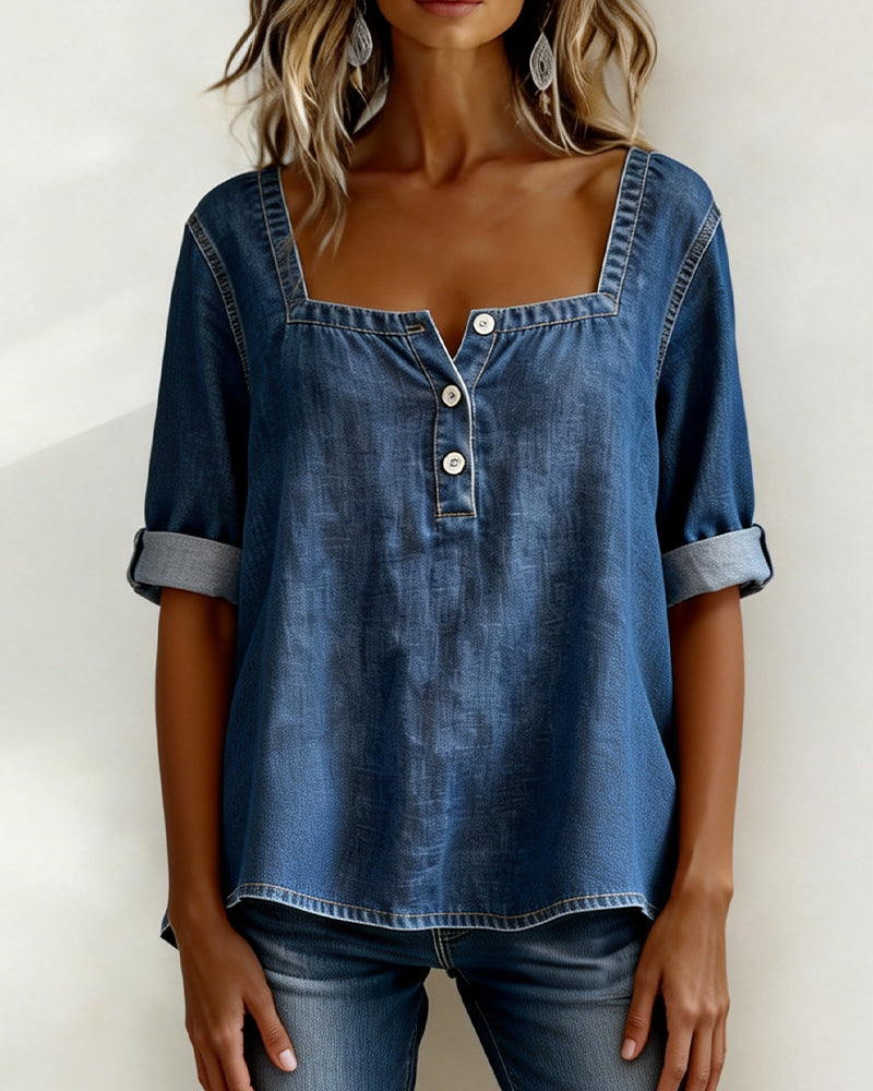 Avélia™ | Camisa de denim con cuello cuadrado