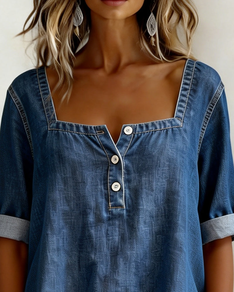 Avélia™ | Camisa de denim con cuello cuadrado