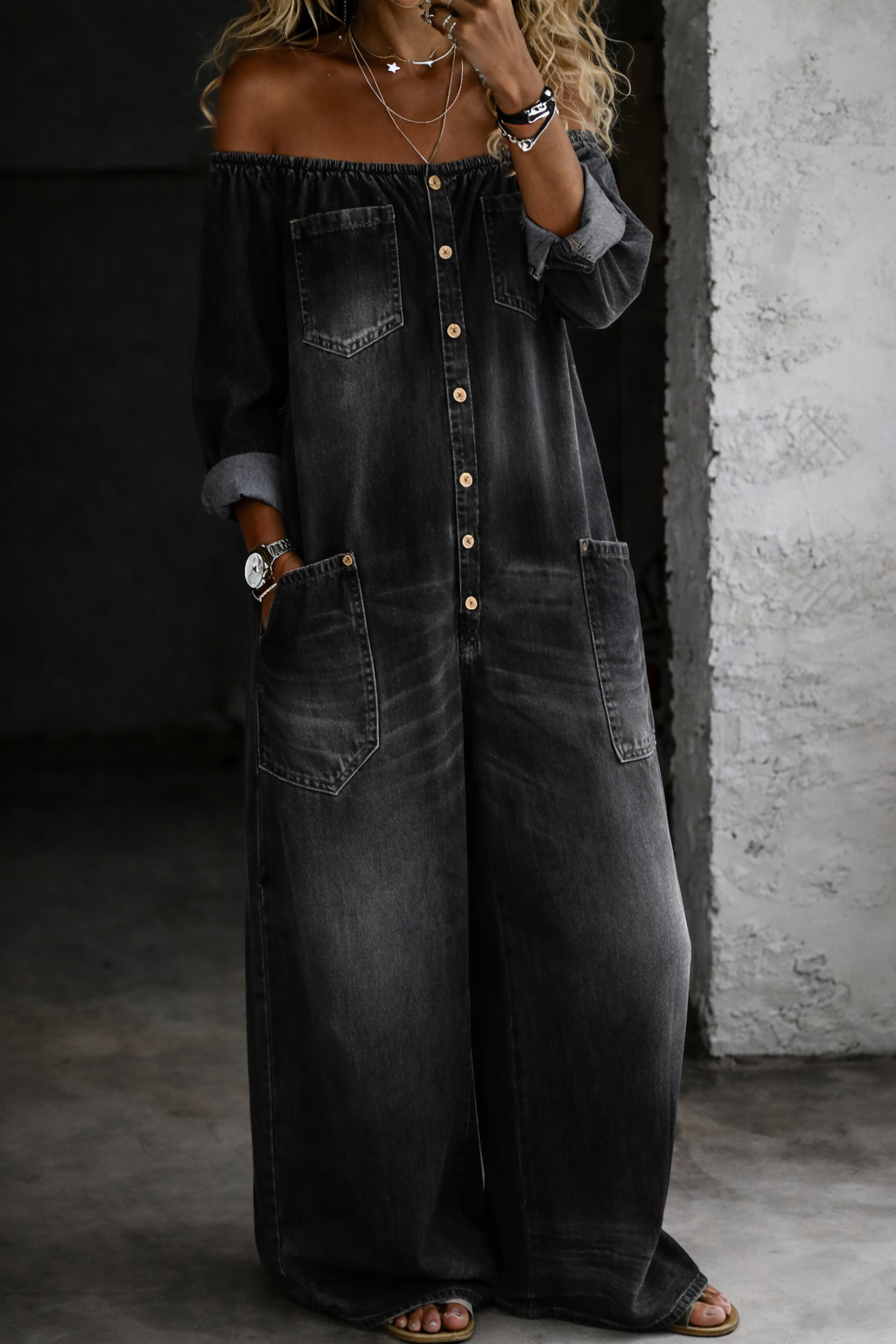 Elena™ | Mono denim de hombros descubiertos