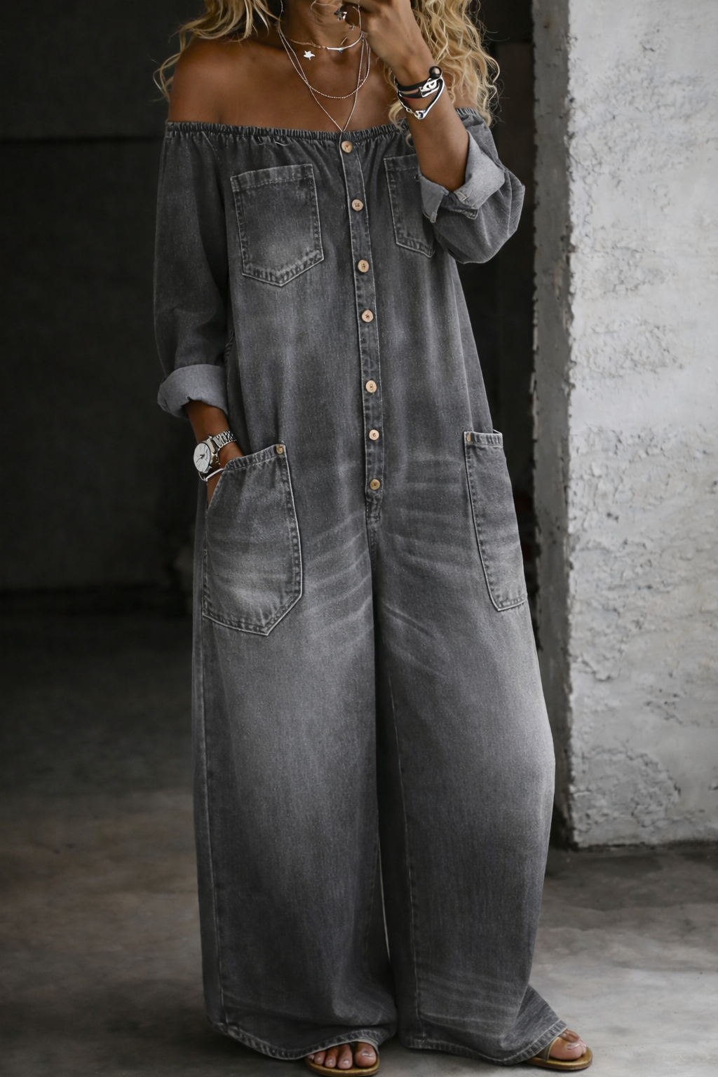 Elena™ | Mono denim de hombros descubiertos
