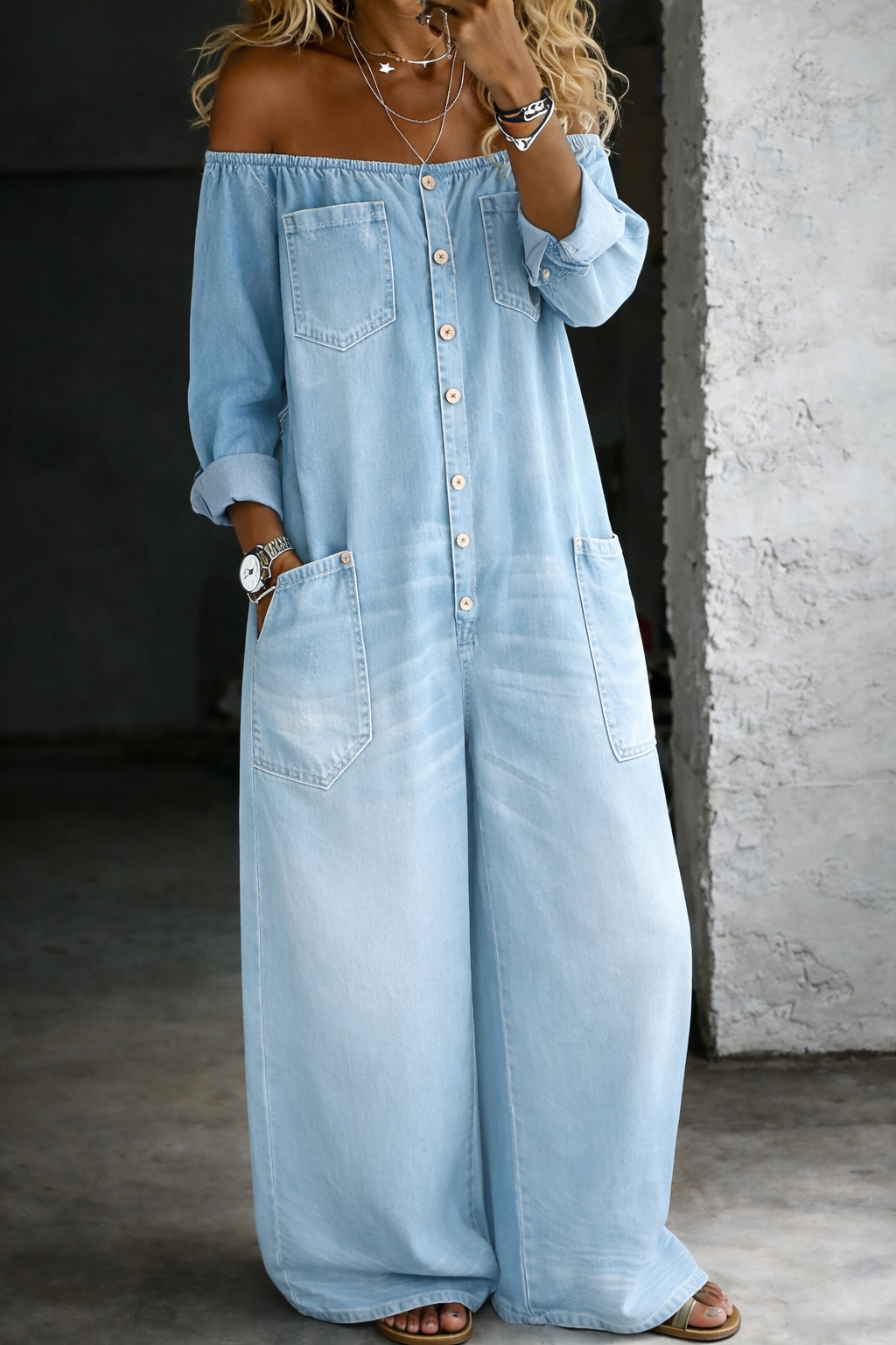 Elena™ | Mono denim de hombros descubiertos